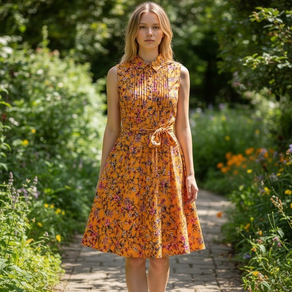 Nanette Lepore Dresses & Skirts - Nanette Lepore Orange Floral Pintuck Sleeveless Shirt Dress Size 10‎ Belted Knee